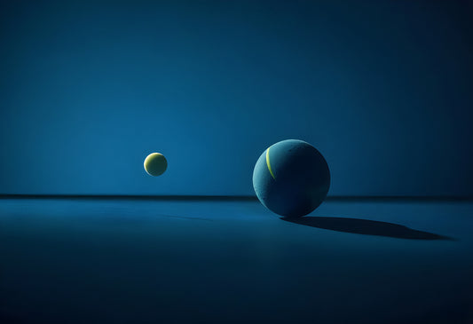 Two tennis balls on a blue surface with soft shadows highlighting their texture and form in a serene atmosphere