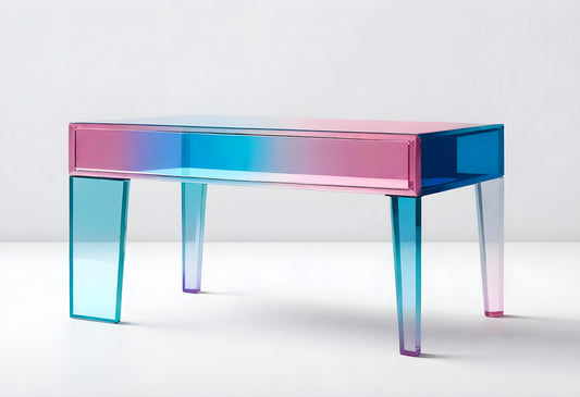 Modern glossy table with a gradient finish in shades of blue and pink, showcasing contemporary design in a minimalist space