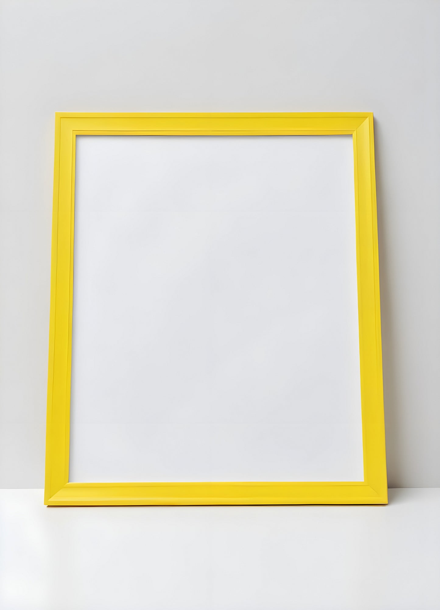 A bright yellow frame and minimalist vase with decorative grass placed on a white shelf in a modern interior setting