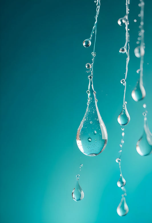 Water droplets on a thin surface with a blurred turquoise background amidst soft light reflections. Generative AI