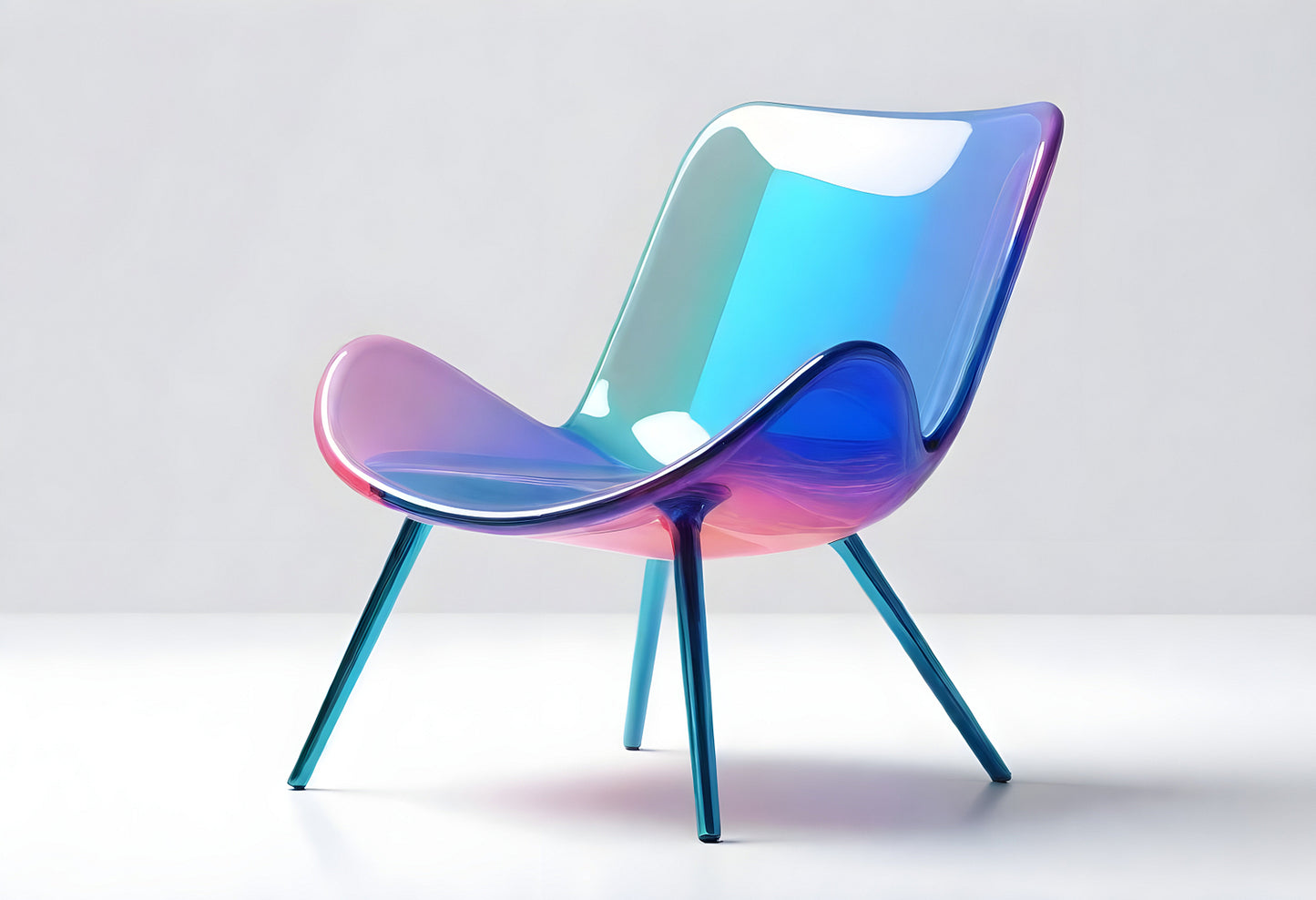 A modern, colorful chair with a translucent design displayed against a minimalist background in a bright setting