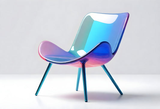 A modern, colorful chair with a translucent design displayed against a minimalist background in a bright setting