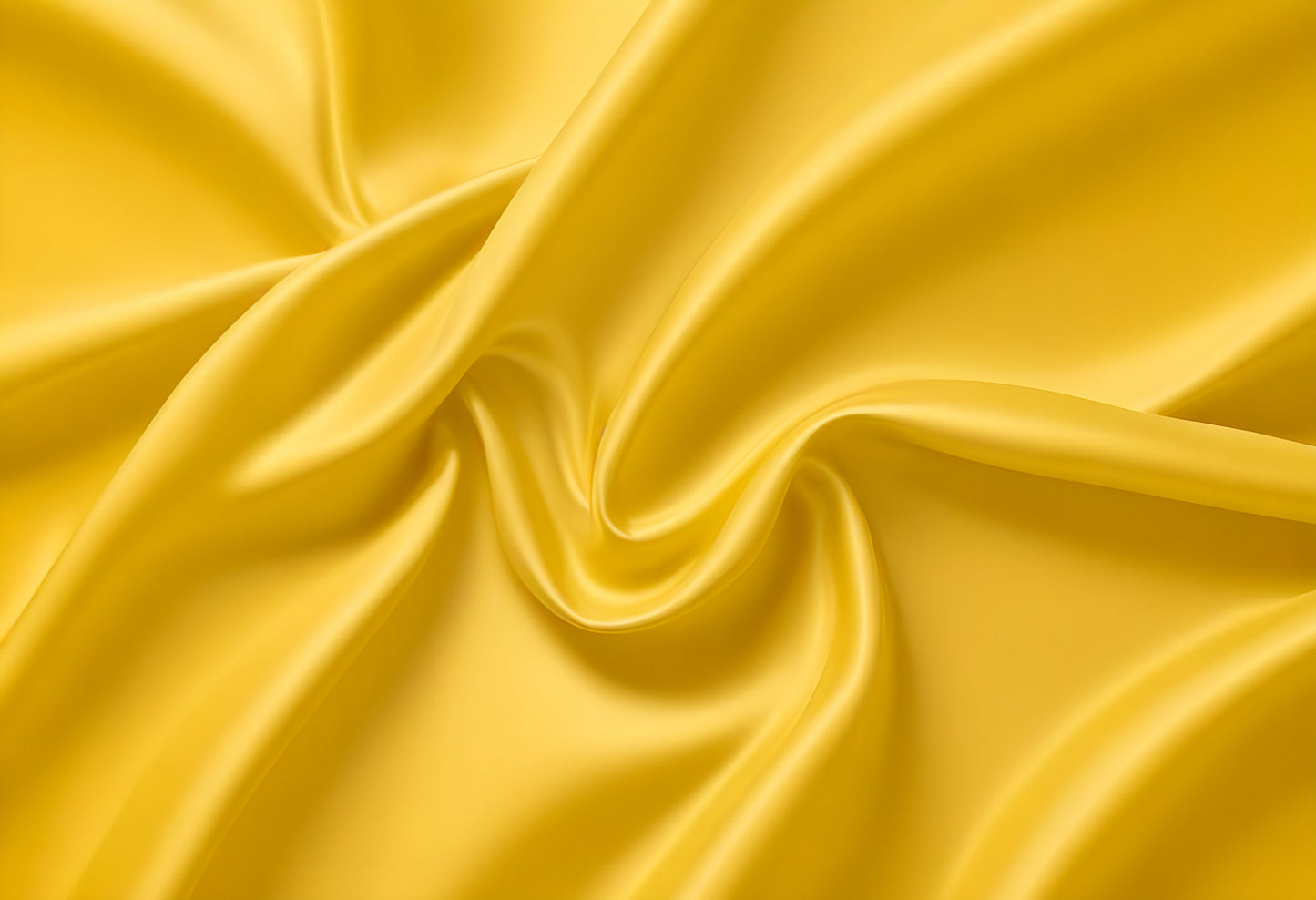 Vivid yellow satin fabric elegantly draped in a flowing pattern, showcasing its smooth texture and sheen in natural light