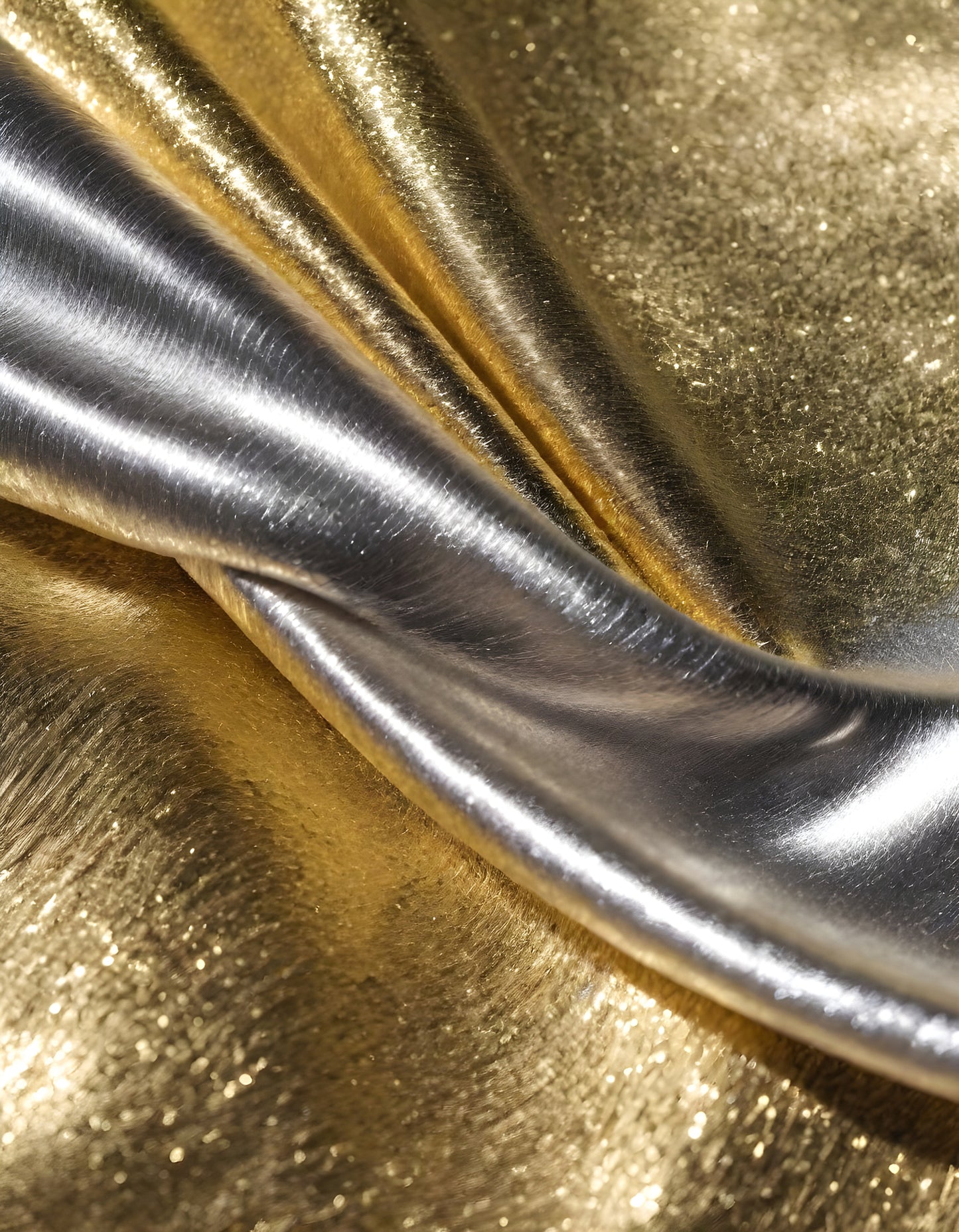 Metallic golden and silver fabric creates elegant textures with intricate folds and reflections under soft lighting