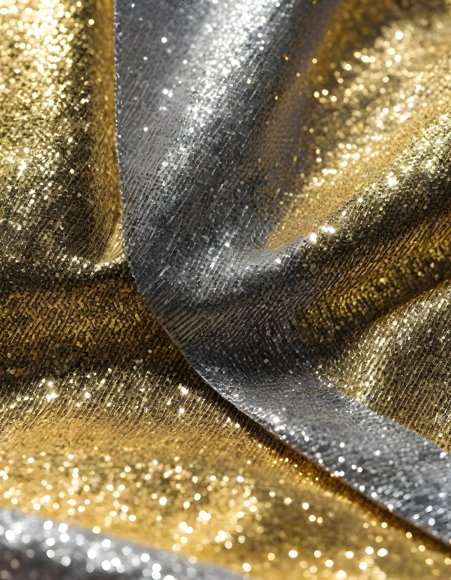 Shimmering gold and silver fabrics layered together in a luxurious arrangement during daylight