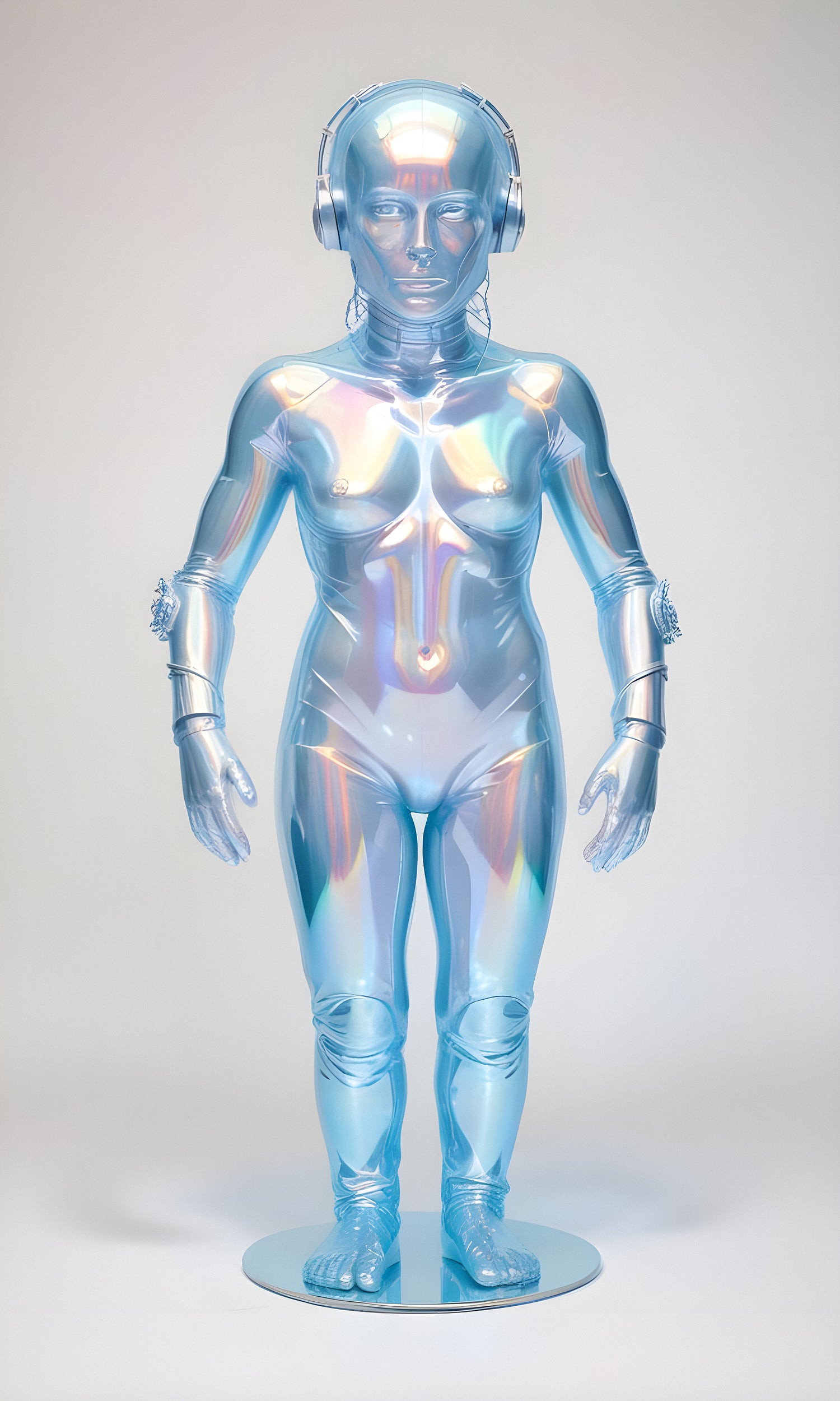 A futuristic transparent humanoid figure with metallic accents in a minimalist studio setting showcasing innovative design concepts