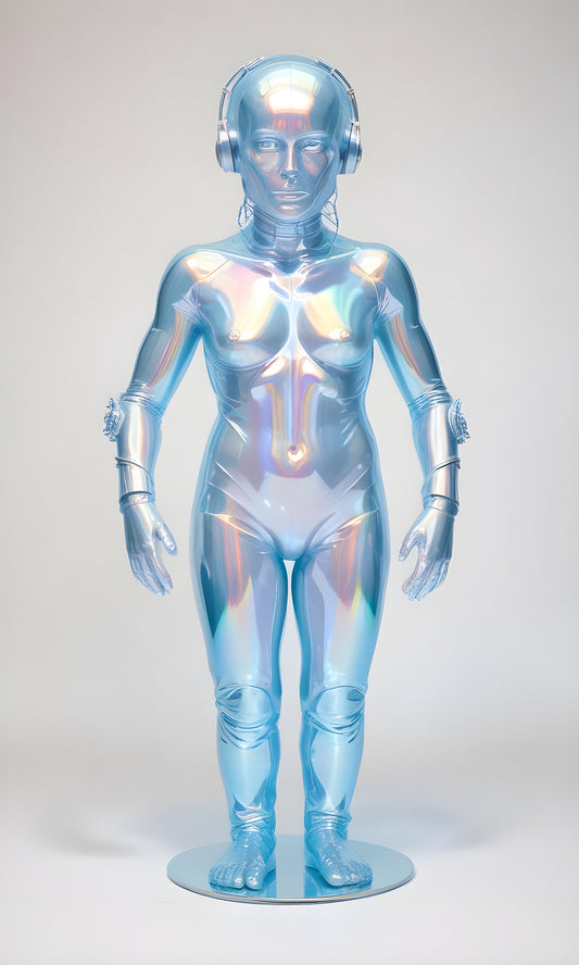 A futuristic transparent humanoid figure with metallic accents in a minimalist studio setting showcasing innovative design concepts