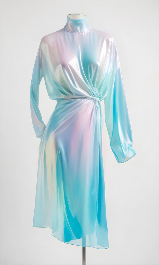 Elegant pastel dress on display showcasing the fluid design and modern style in studio lighting