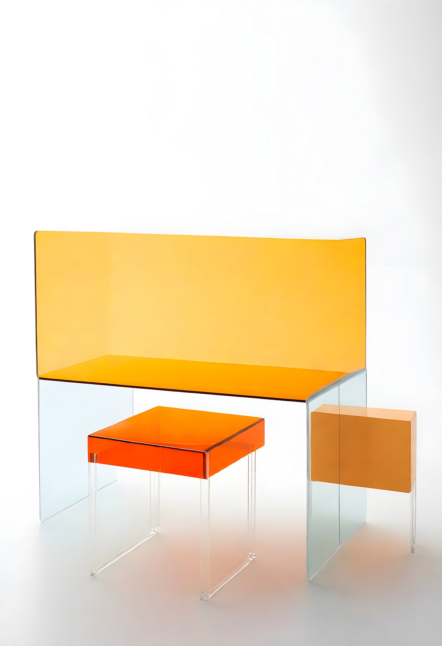 Modern furniture set with transparent and orange elements, showcasing creativity and minimalism in a contemporary design