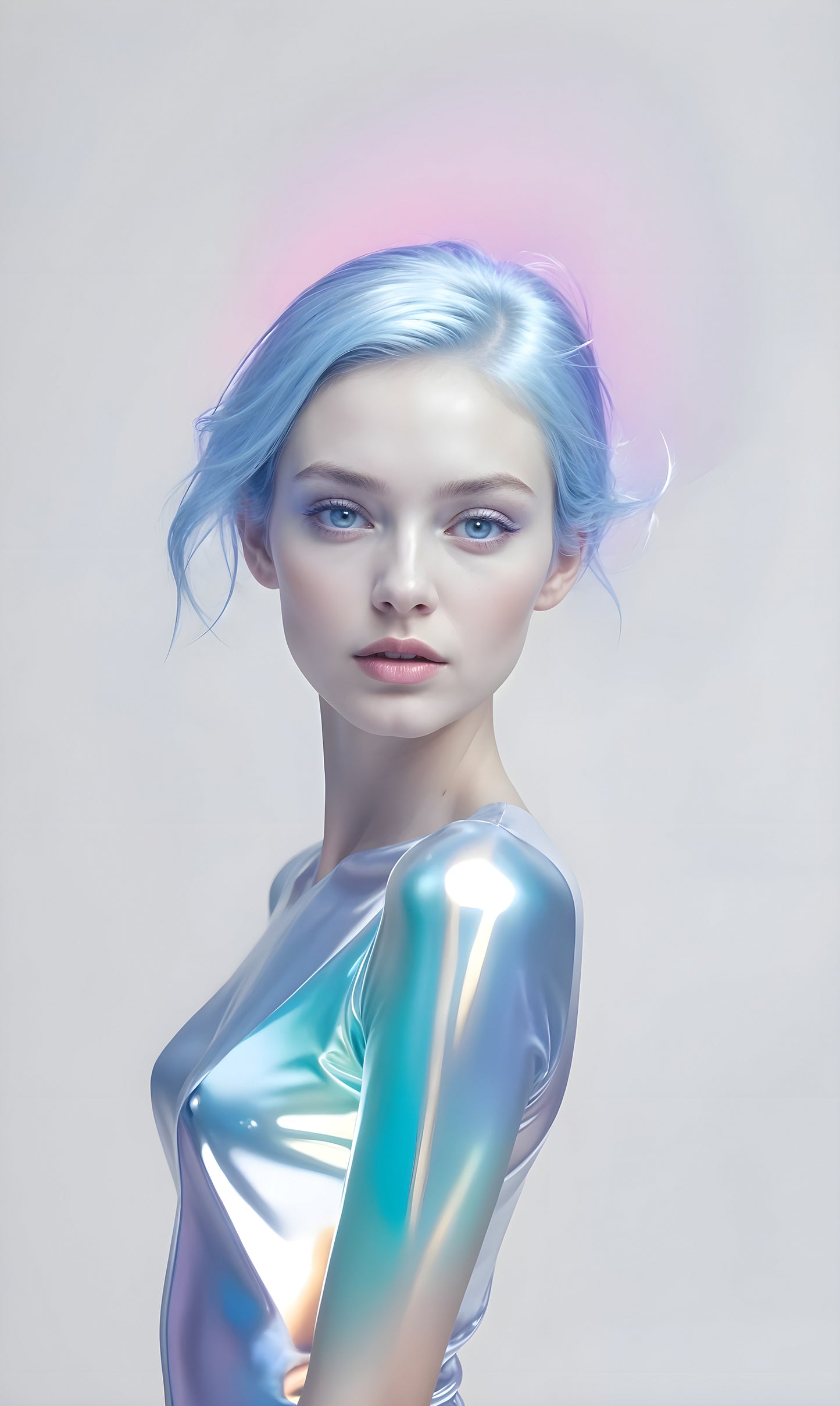 Ethereal portrait of a young woman with pastel blue hair and holographic attire against a soft pastel backdrop