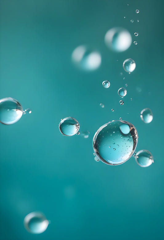 Water droplets on a thin surface with a blurred turquoise background amidst soft light reflections. Generative AI