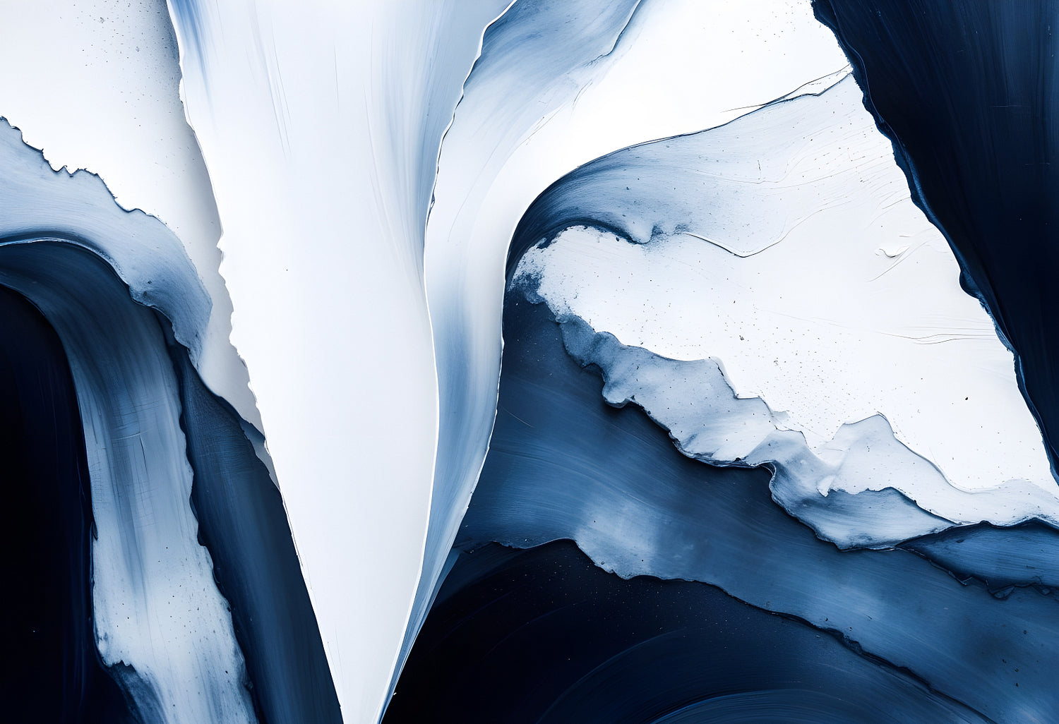 Abstract blue and white wave-like formations with smooth textures in an artistic composition