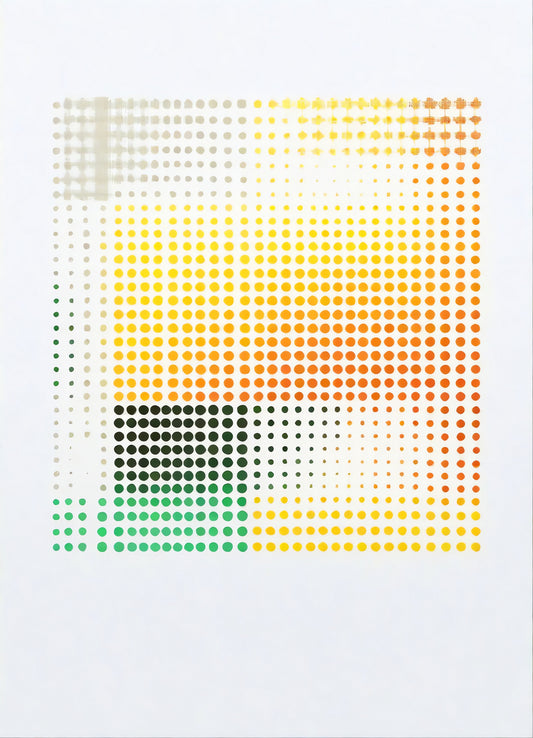 Colorful dot pattern on white background showcasing a gradient of hues in an abstract design created with varying dot sizes and densities