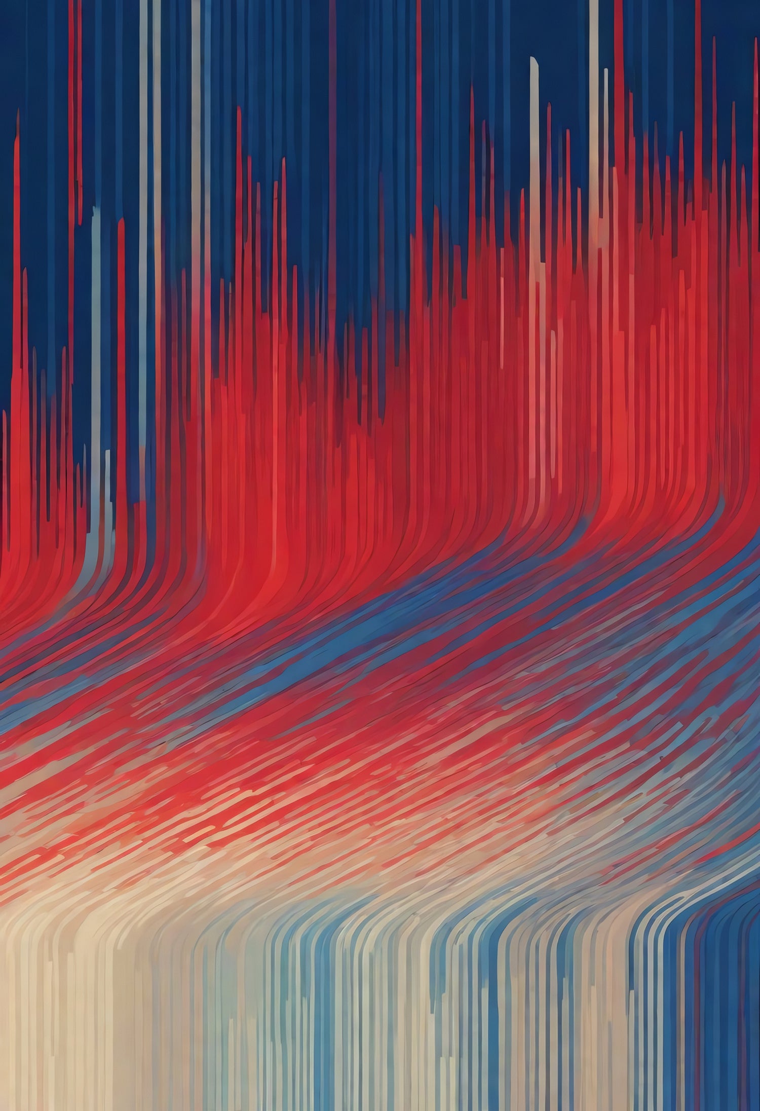 Abstract artwork featuring vivid red, blue, and beige lines arranged in a dynamic wave pattern, creating a modern aesthetic