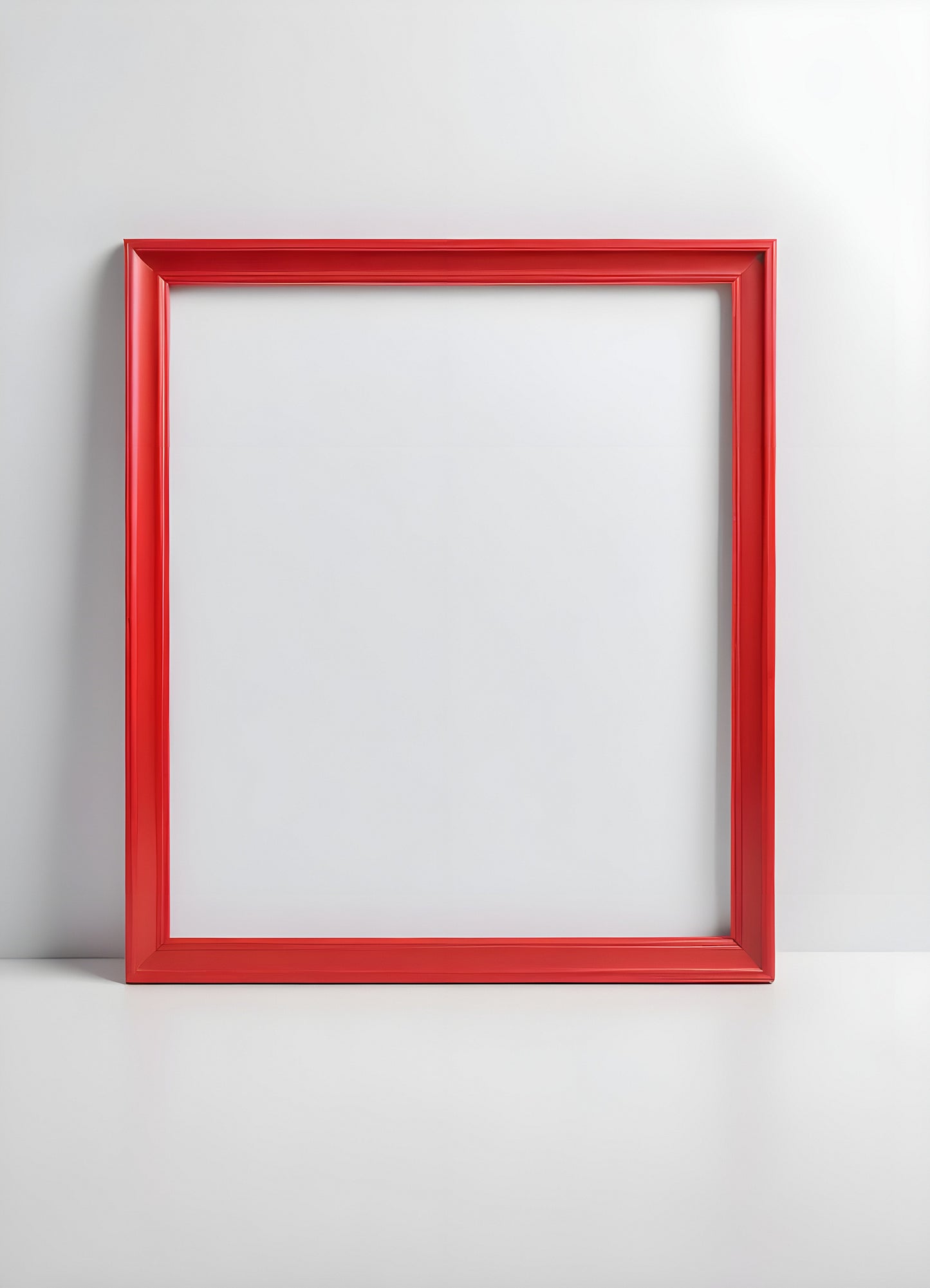 A bright red frame on a plain white wall, perfect for displaying artwork or photographs in a modern interior setting