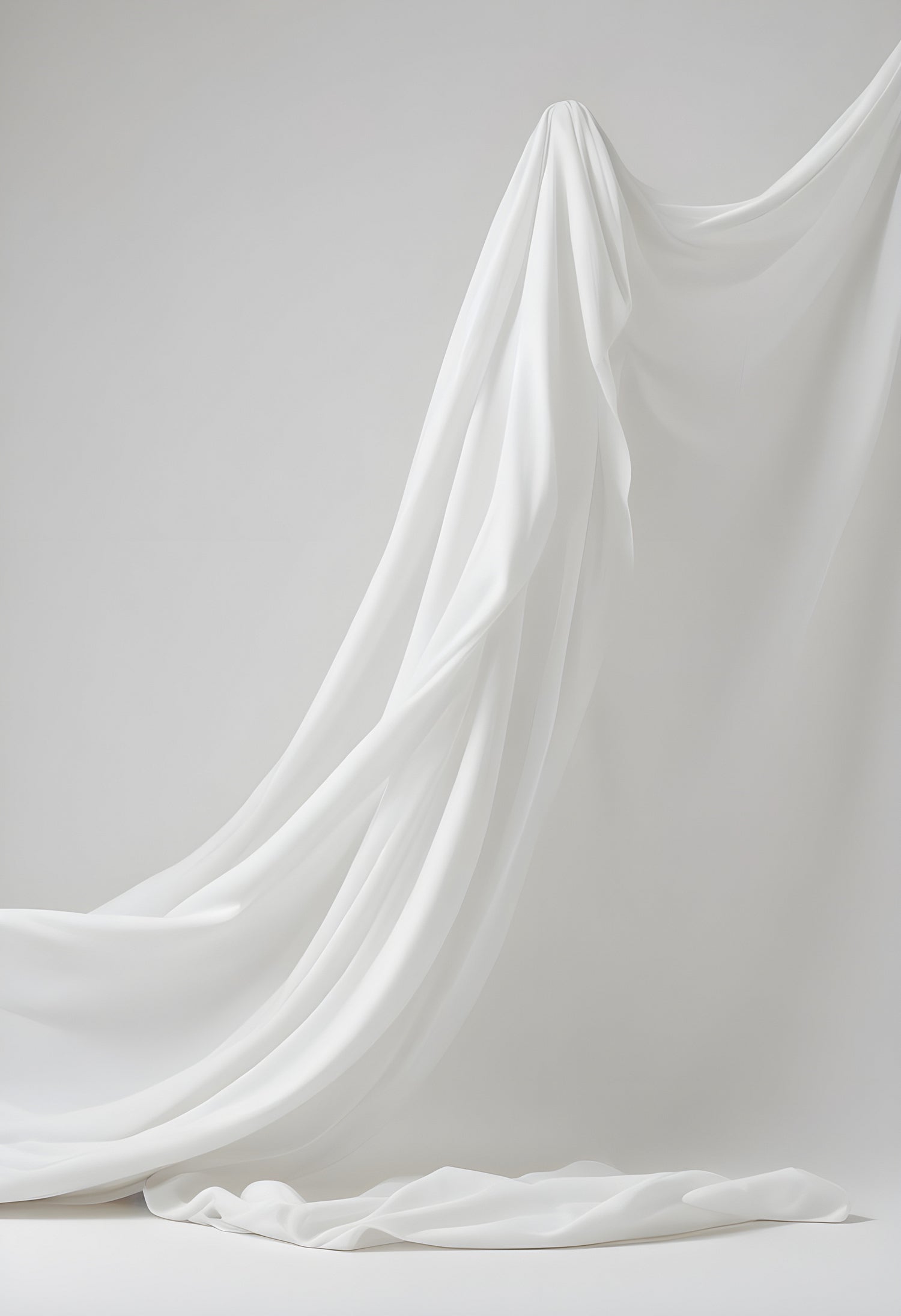 A soft white fabric gracefully drapes to the floor, creating a serene atmosphere in a minimalistic studio setting