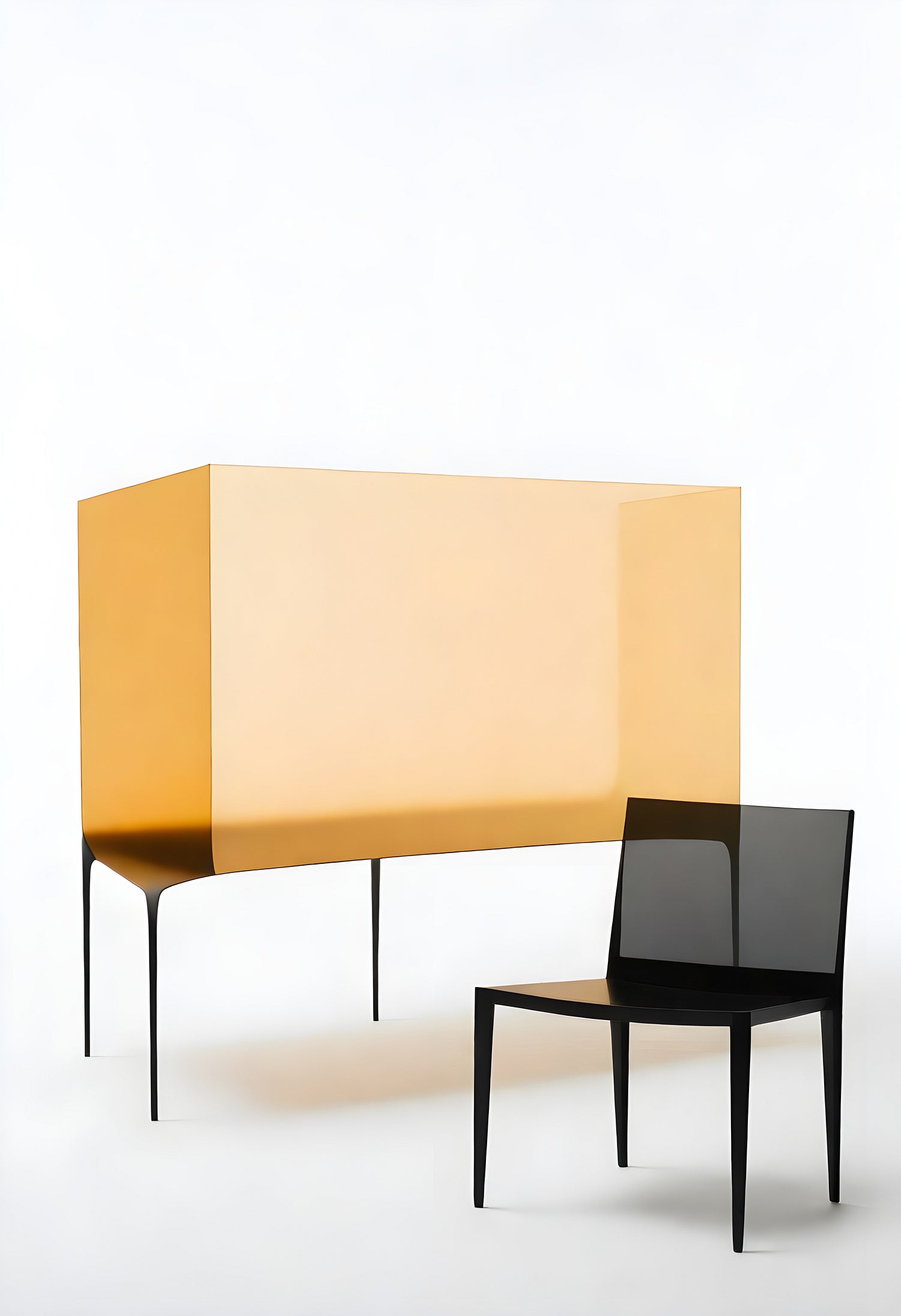 Contemporary furniture design featuring a translucent yellow sideboard and a sleek black chair against a minimalist backdrop