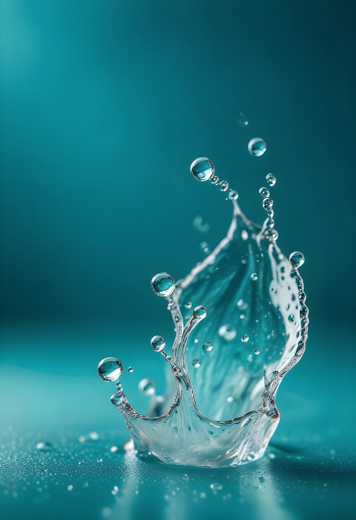 A close-up of a water splash with droplets creating intricate patterns against a teal background, captured in soft light