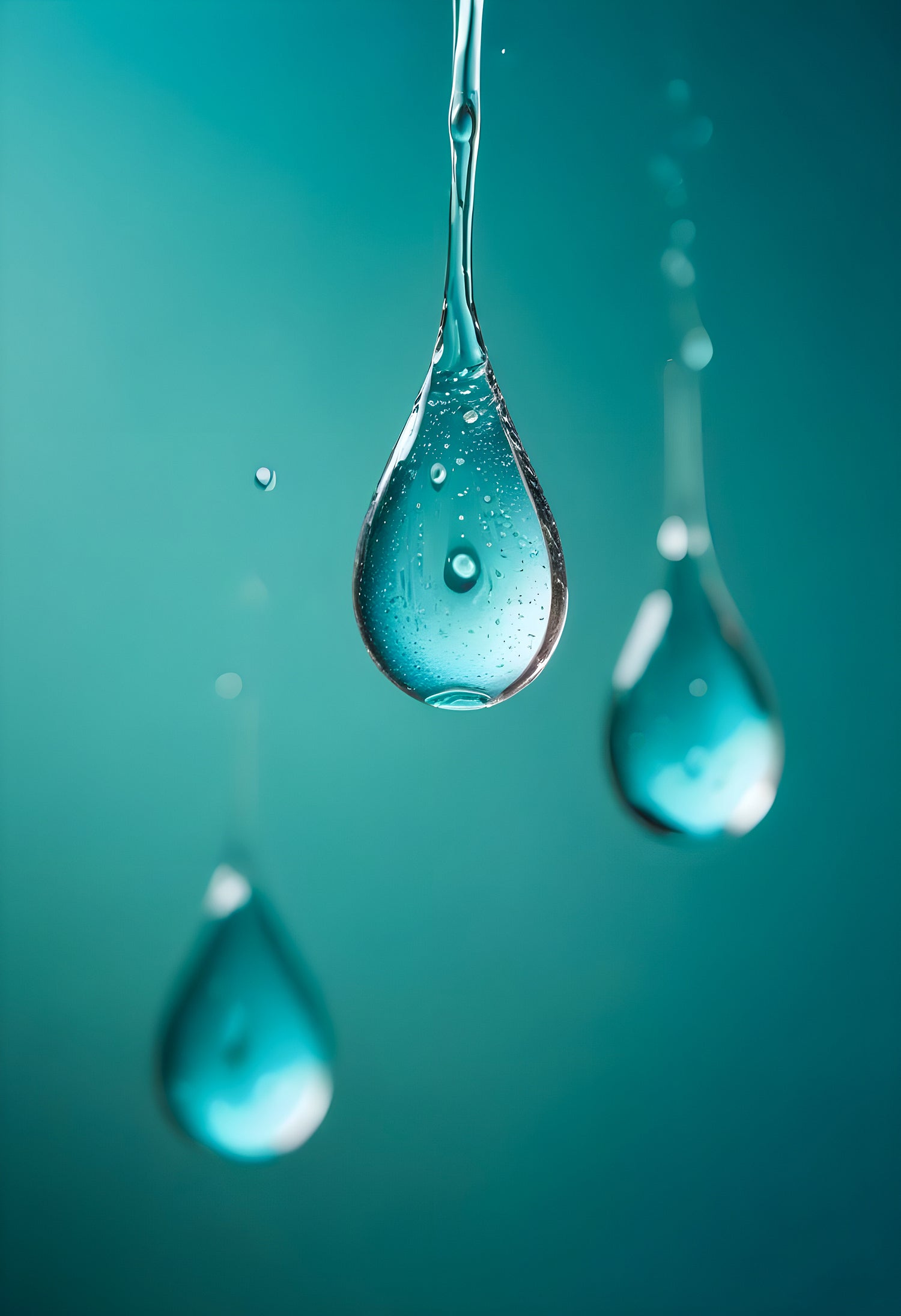 Water droplets on a thin surface with a blurred turquoise background amidst soft light reflections. Generative AI