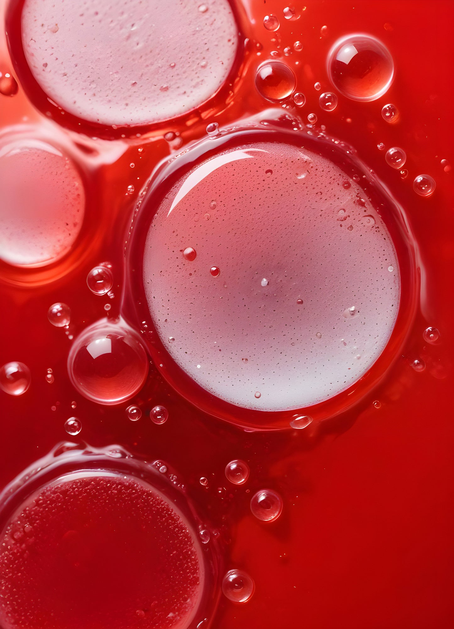 Abstract close-up of red liquid with bubbles and droplets, showcasing the interplay of colors and textures in a vibrant manner. Generative AI