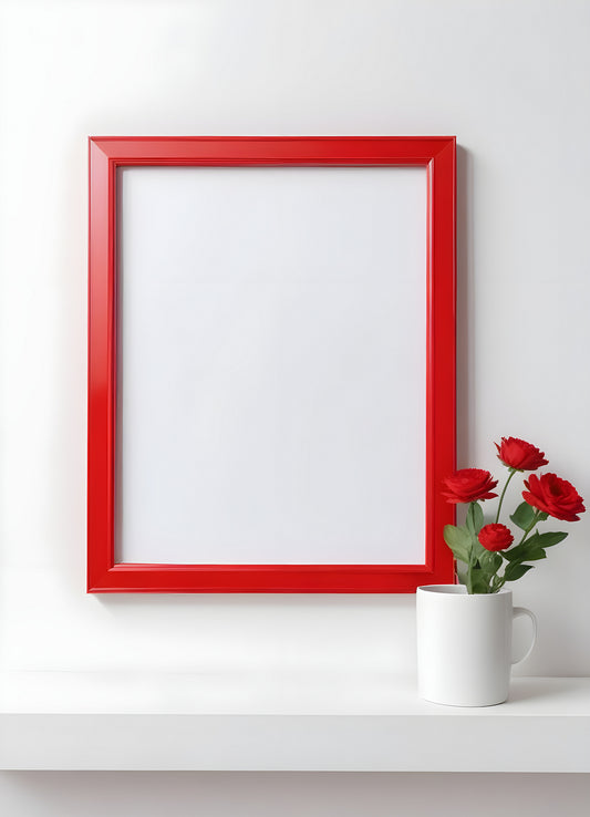 A bright red frame on a plain white wall, perfect for displaying artwork or photographs in a modern interior setting