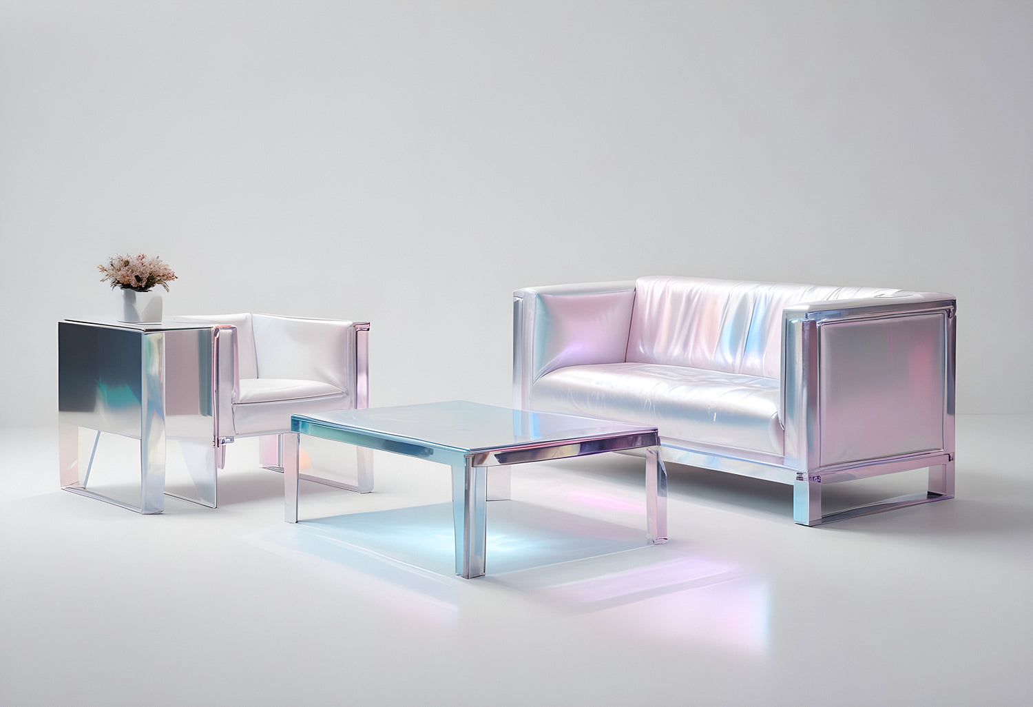 Modern holographic furniture set including a chair, sofa, and table in a minimalist room with soft lighting