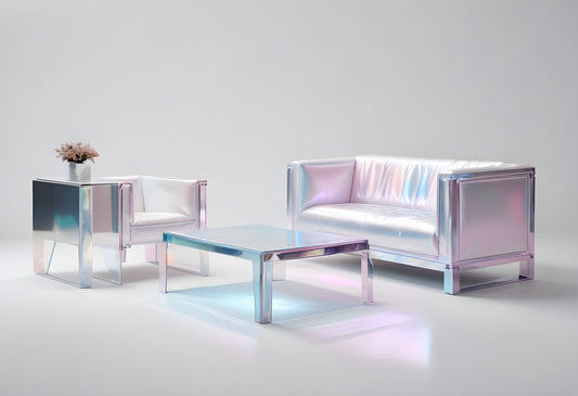 Modern holographic furniture set including a chair, sofa, and table in a minimalist room with soft lighting