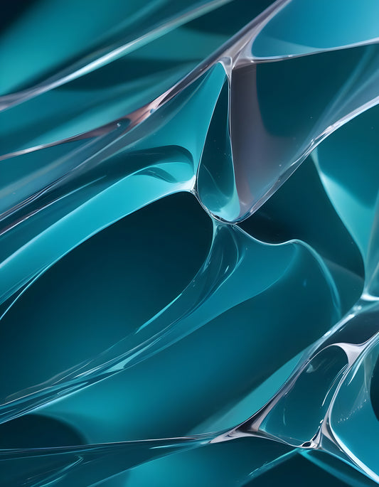 Abstract flow of teal and blue shapes blending together with soft curves and reflections