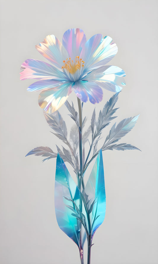 A holographic flower stands elegantly against a light background, showcasing its colorful petals and vibrant green leaves