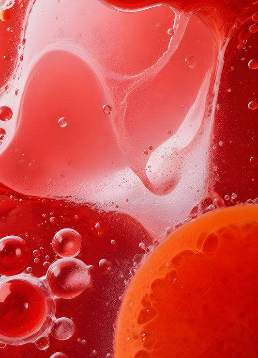 Abstract close-up of red liquid with bubbles and droplets, showcasing the interplay of colors and textures in a vibrant manner. Generative AI