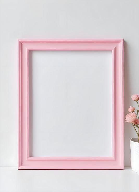 A pink empty picture frame beside a white vase with soft pink flowers on a minimalist table