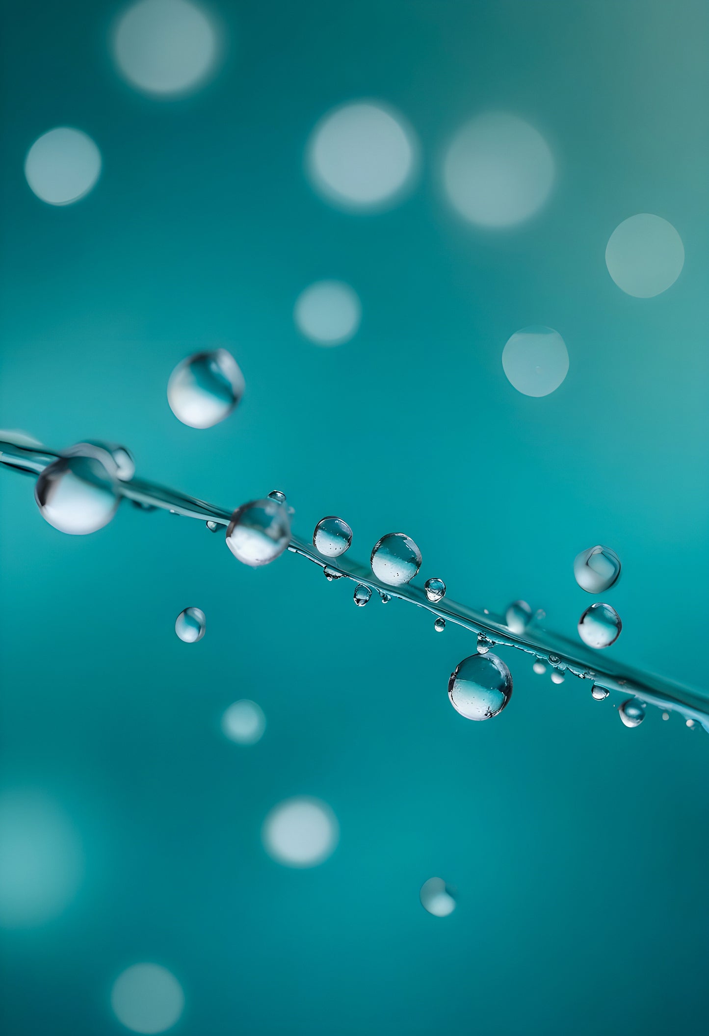 Water droplets on a thin surface with a blurred turquoise background amidst soft light reflections. Generative AI