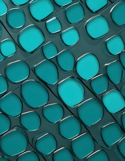 Close-up view of textured turquoise surface with rounded shapes reflecting light, showcasing intricate designs and vibrant color contrasts. Generative AI