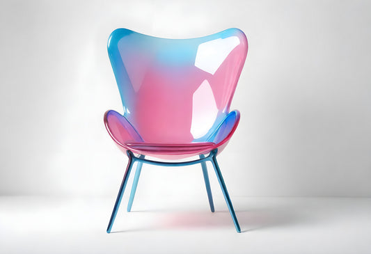 Unique modern chair featuring a gradient design with pink and blue colors set against a neutral background highlighting its sleek shape