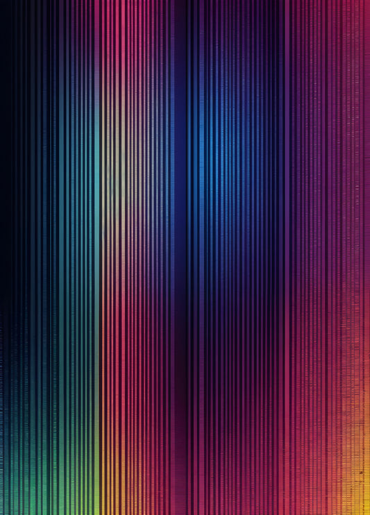 Vibrant abstract patterns with vertical lines create a colorful backdrop in a modern art style