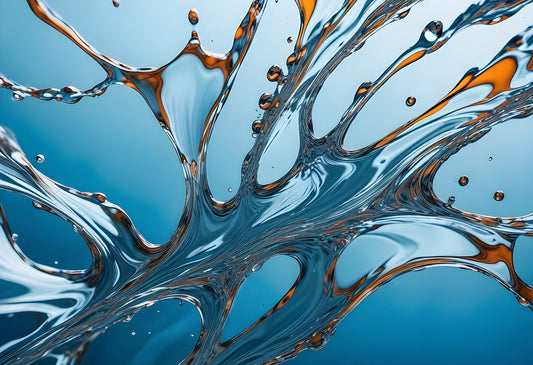 Abstract water splash with vibrant colors and dynamic flow captured in a creative perspective against a serene blue background