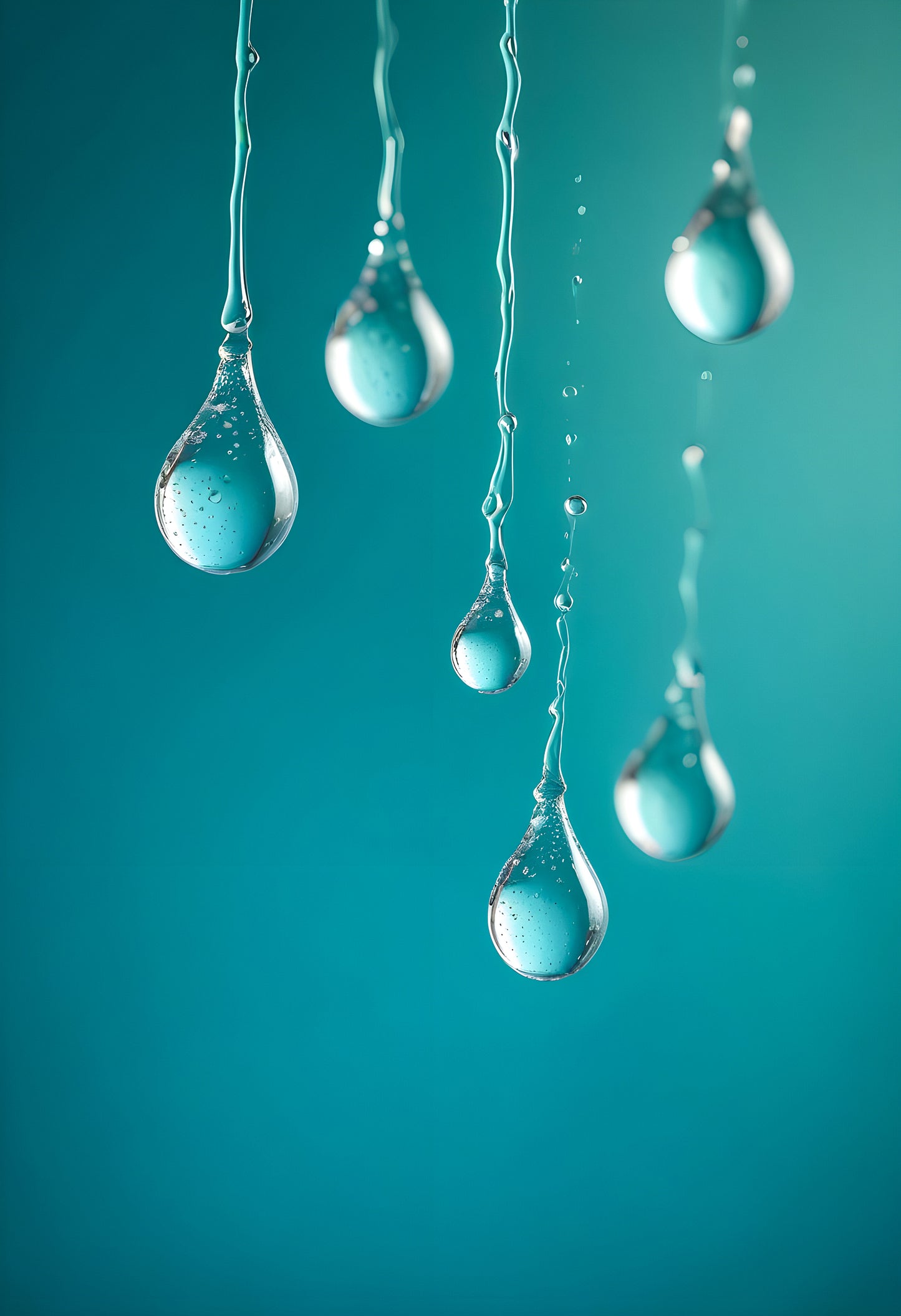 Water droplets on a thin surface with a blurred turquoise background amidst soft light reflections. Generative AI