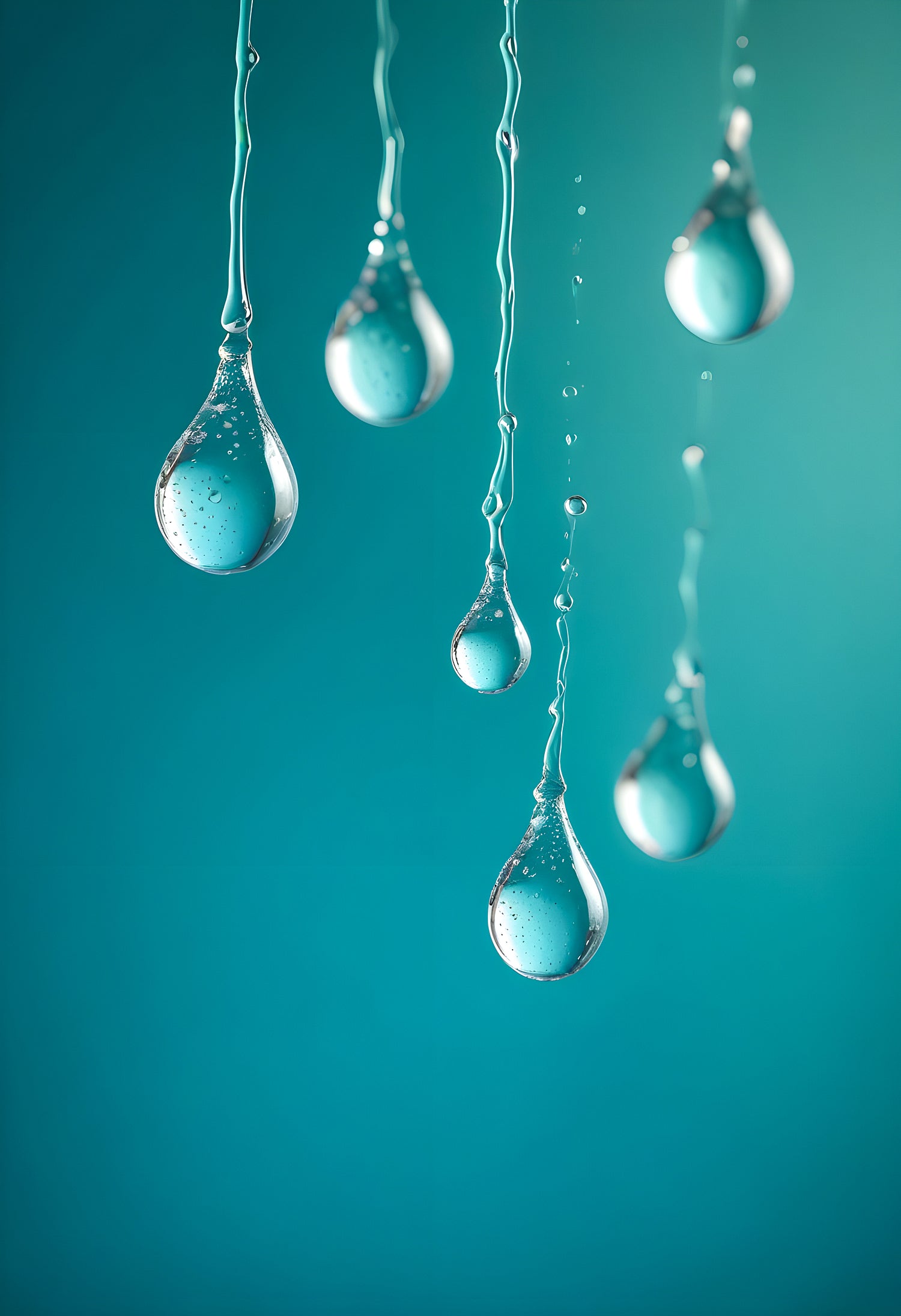 Water droplets on a thin surface with a blurred turquoise background amidst soft light reflections. Generative AI