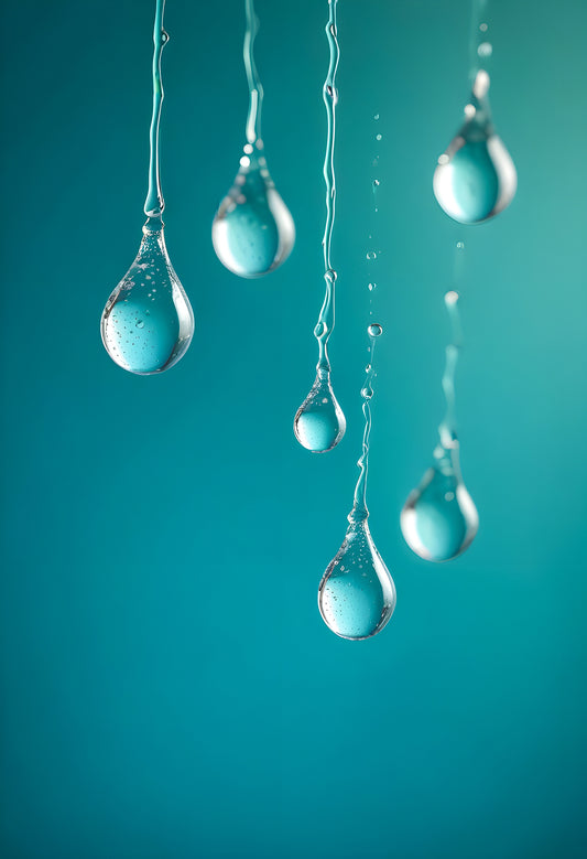 Water droplets on a thin surface with a blurred turquoise background amidst soft light reflections. Generative AI