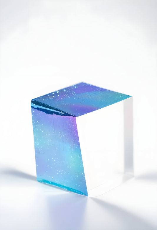 A translucent cube with shimmering blue and purple hues reflecting light against a bright background