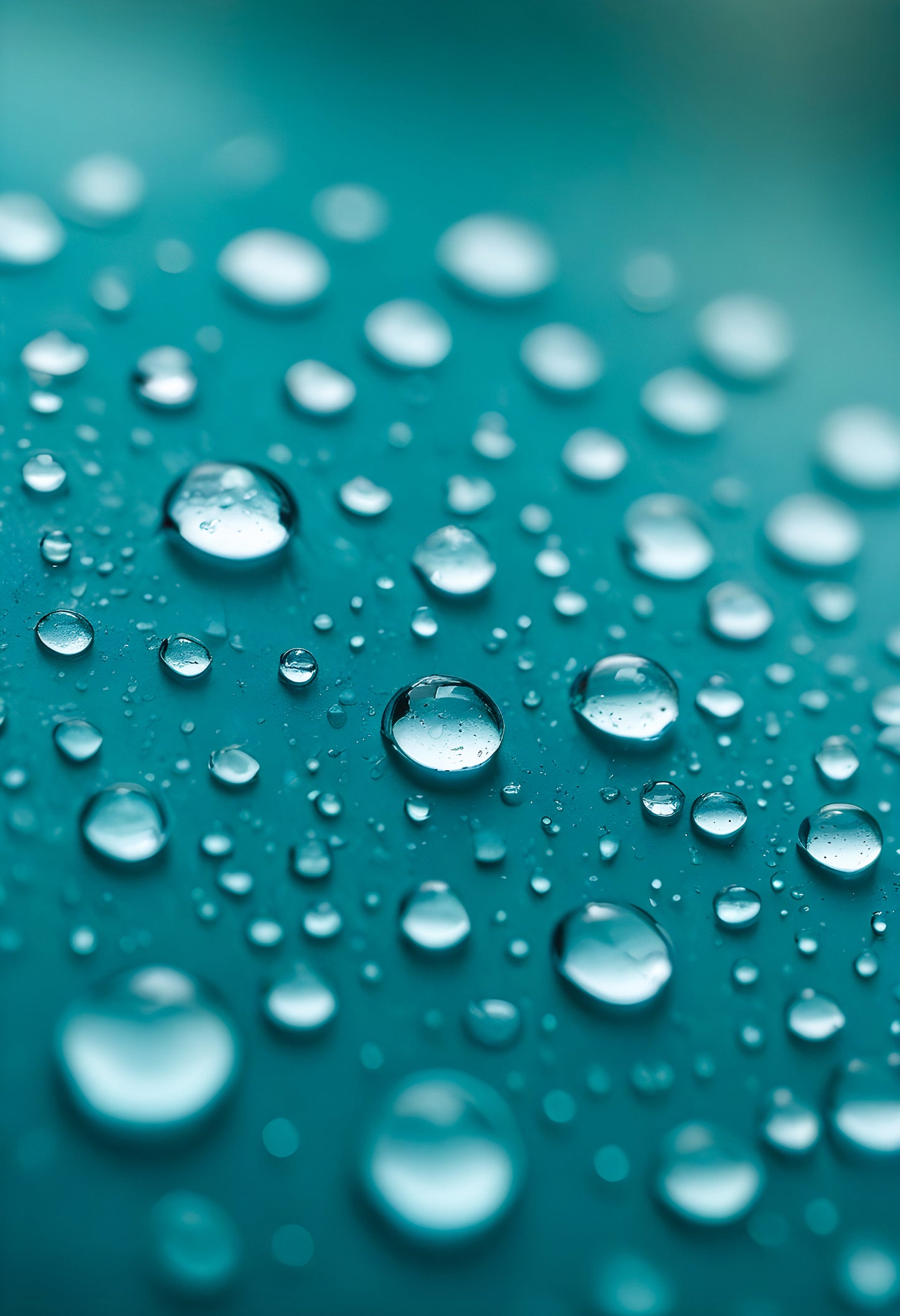 Water droplets on a thin surface with a blurred turquoise background amidst soft light reflections. Generative AI