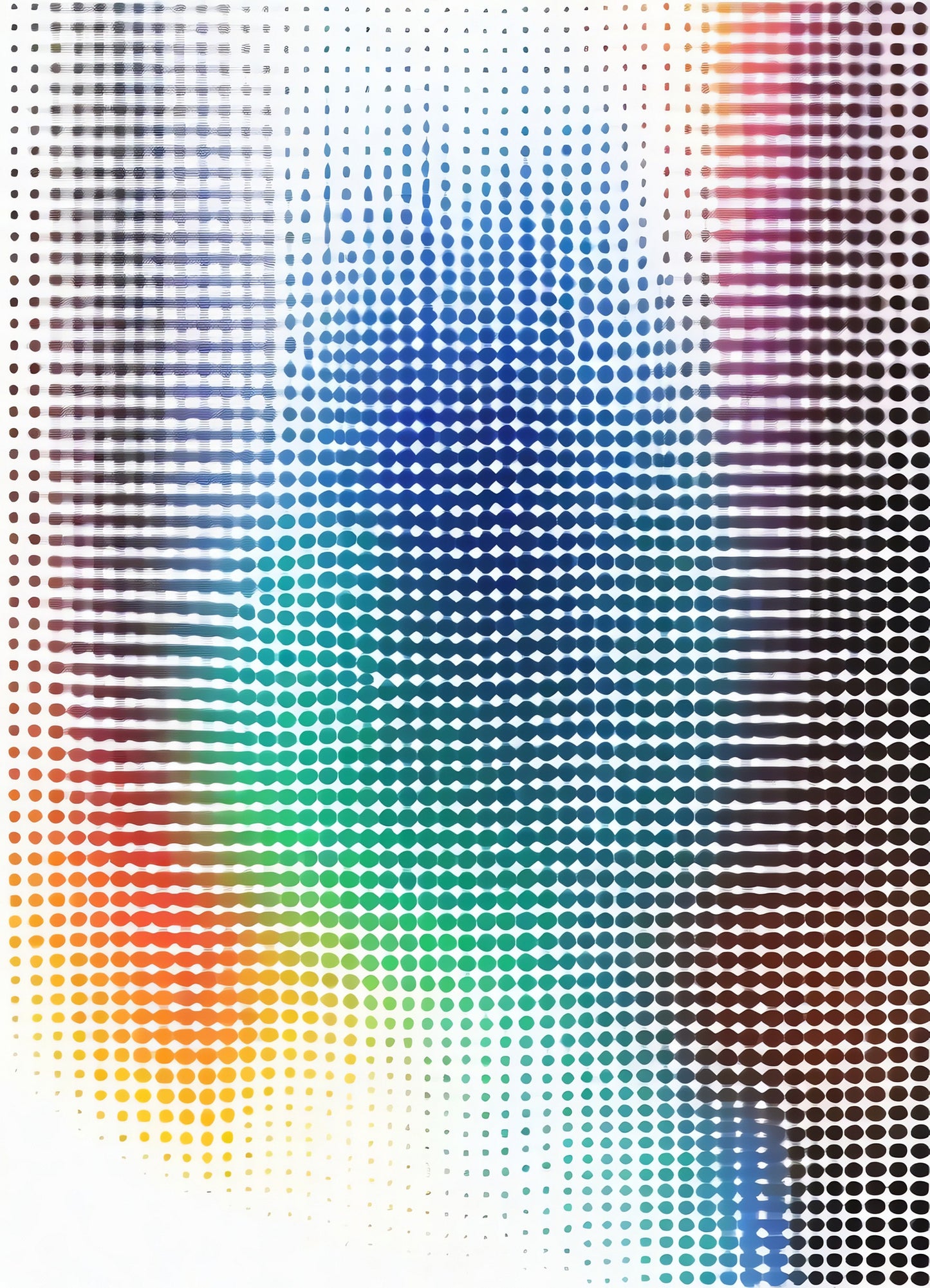 Colorful abstract pattern created using halftone dots showcasing a gradient of blue, red, and green hues with a soft visual effect