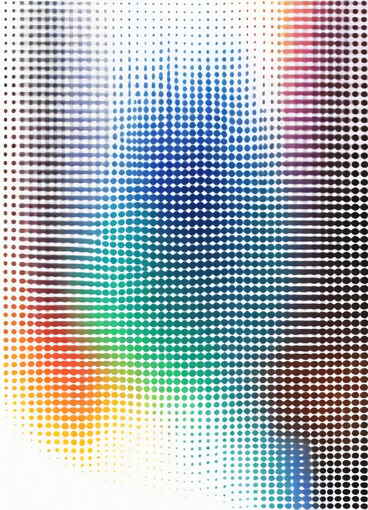 Colorful abstract pattern created using halftone dots showcasing a gradient of blue, red, and green hues with a soft visual effect