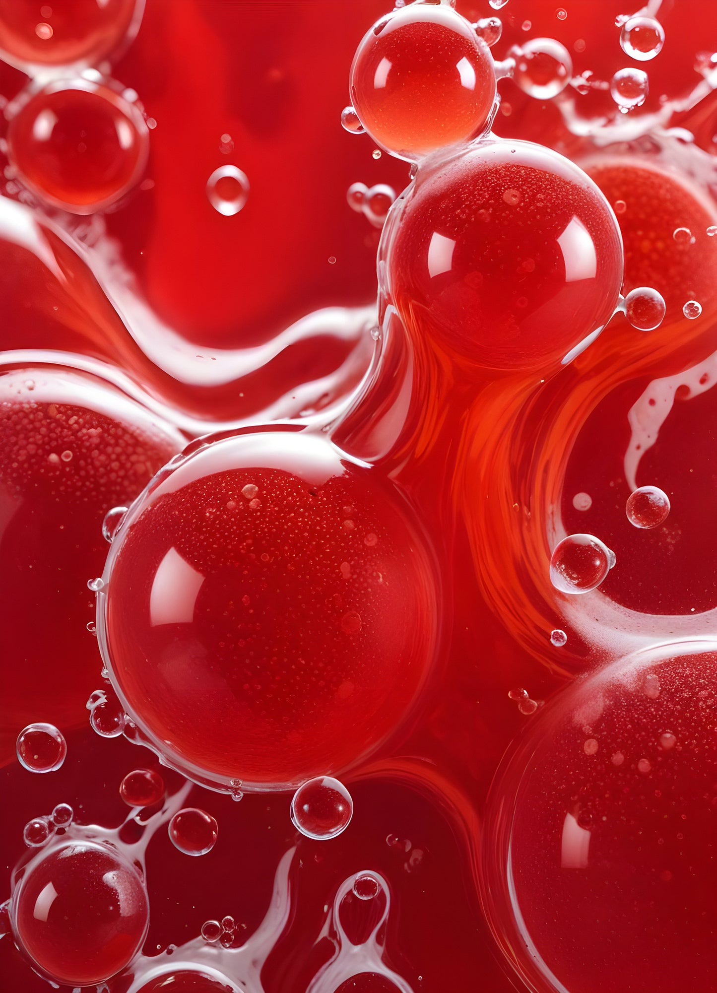 Abstract close-up of red liquid with bubbles and droplets, showcasing the interplay of colors and textures in a vibrant manner. Generative AI