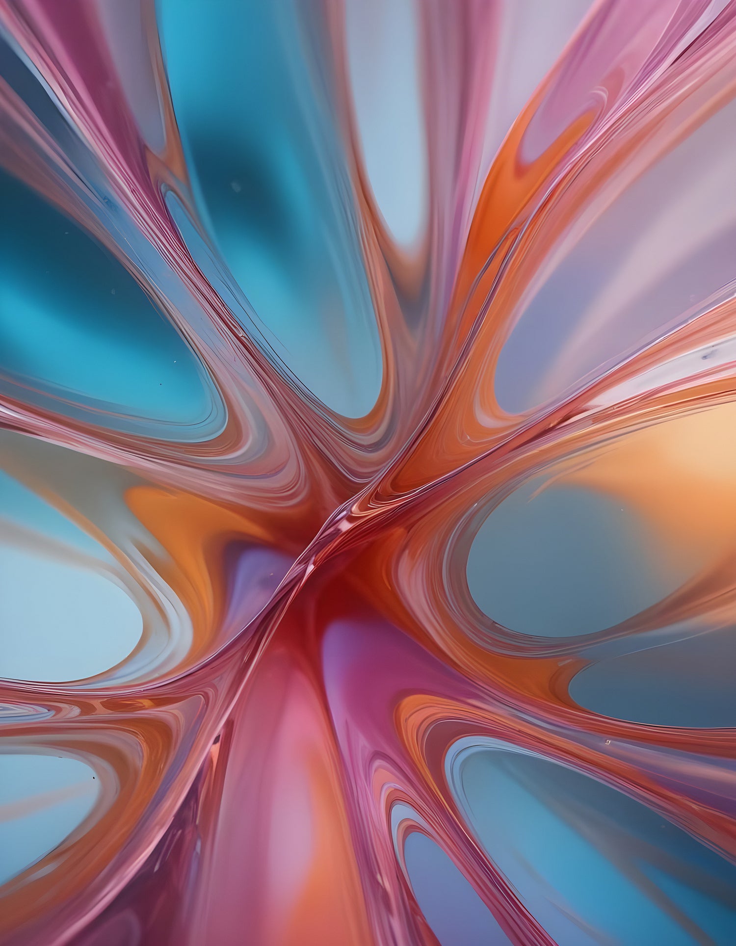 Abstract swirl of colorful glass-like shapes in soft lighting