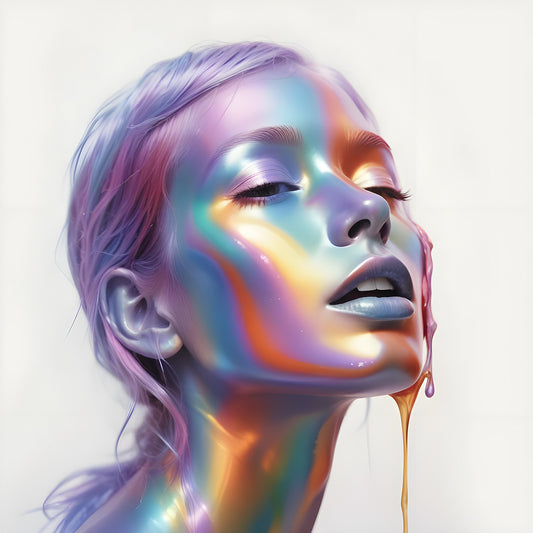 A stunning figure with rainbow-colored paint dripping from her face against a plain background during a creative art showcase