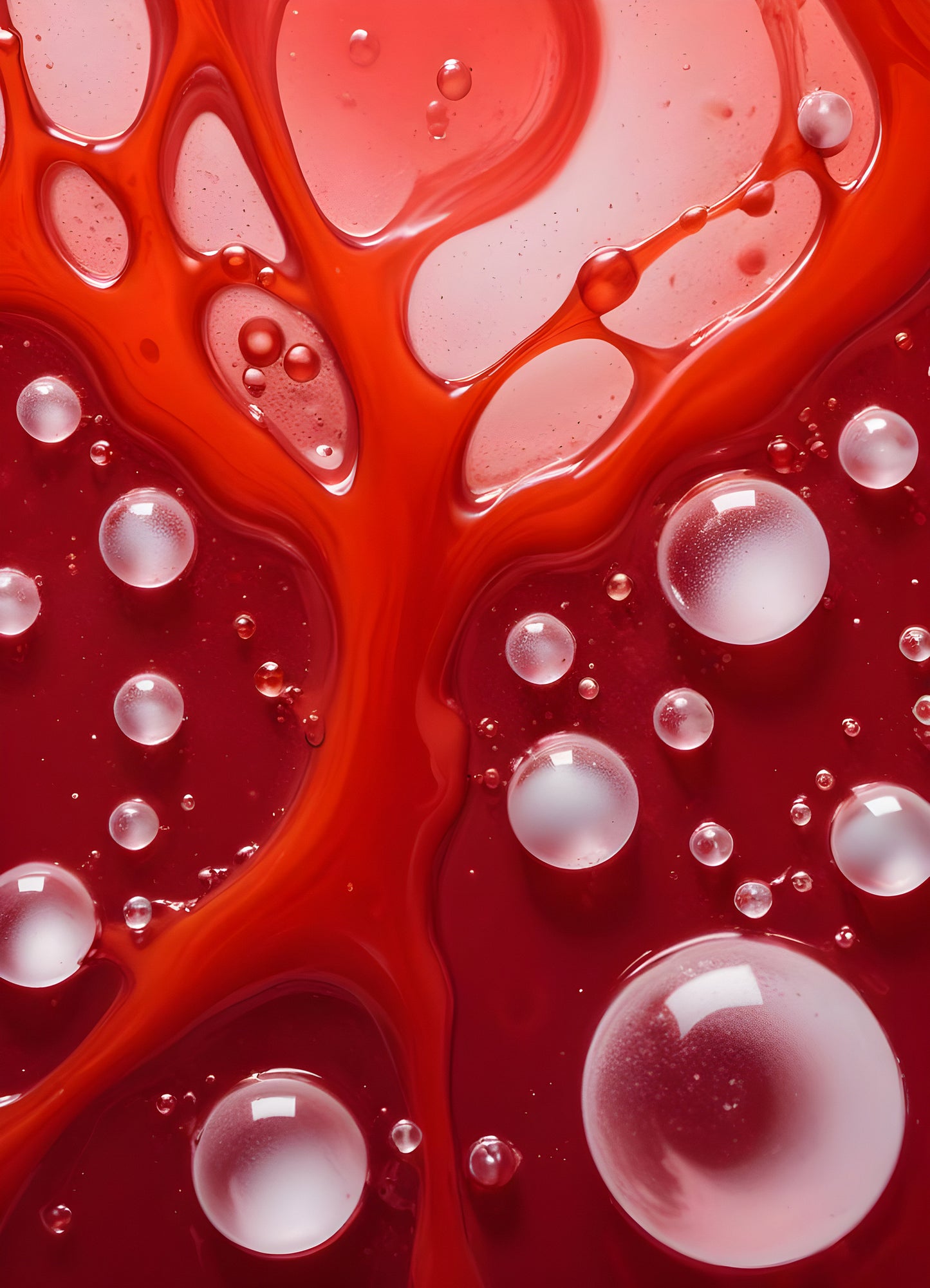 Abstract close-up of red liquid with bubbles and droplets, showcasing the interplay of colors and textures in a vibrant manner. Generative AI