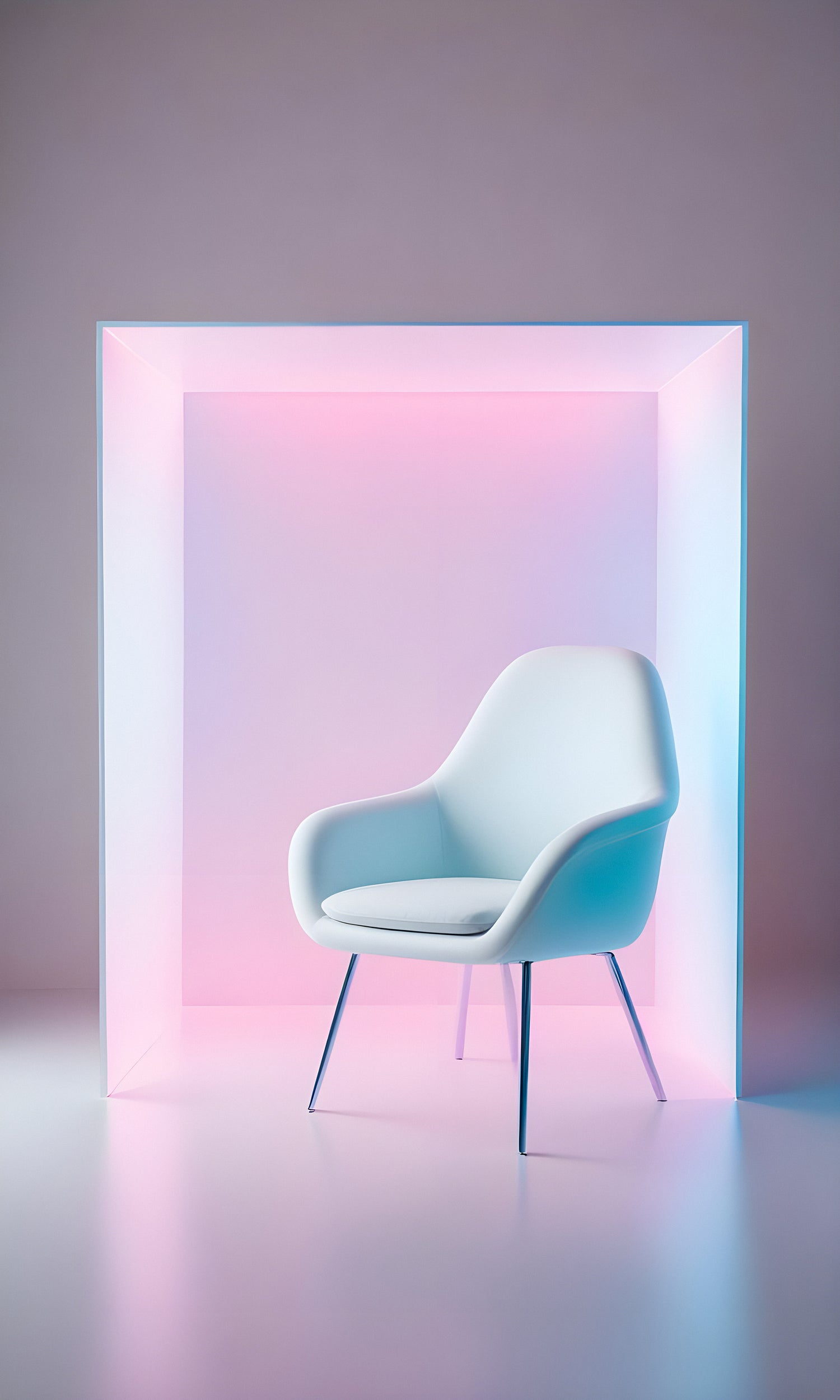 Modern white chair against a softly lit backdrop in pastel hues, creating a serene and stylish interior vibe