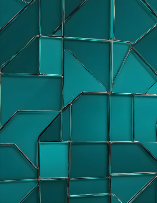 Geometric teal glass wall art displayed indoors featuring angular shapes and glossy textures under soft lighting. Generative AI