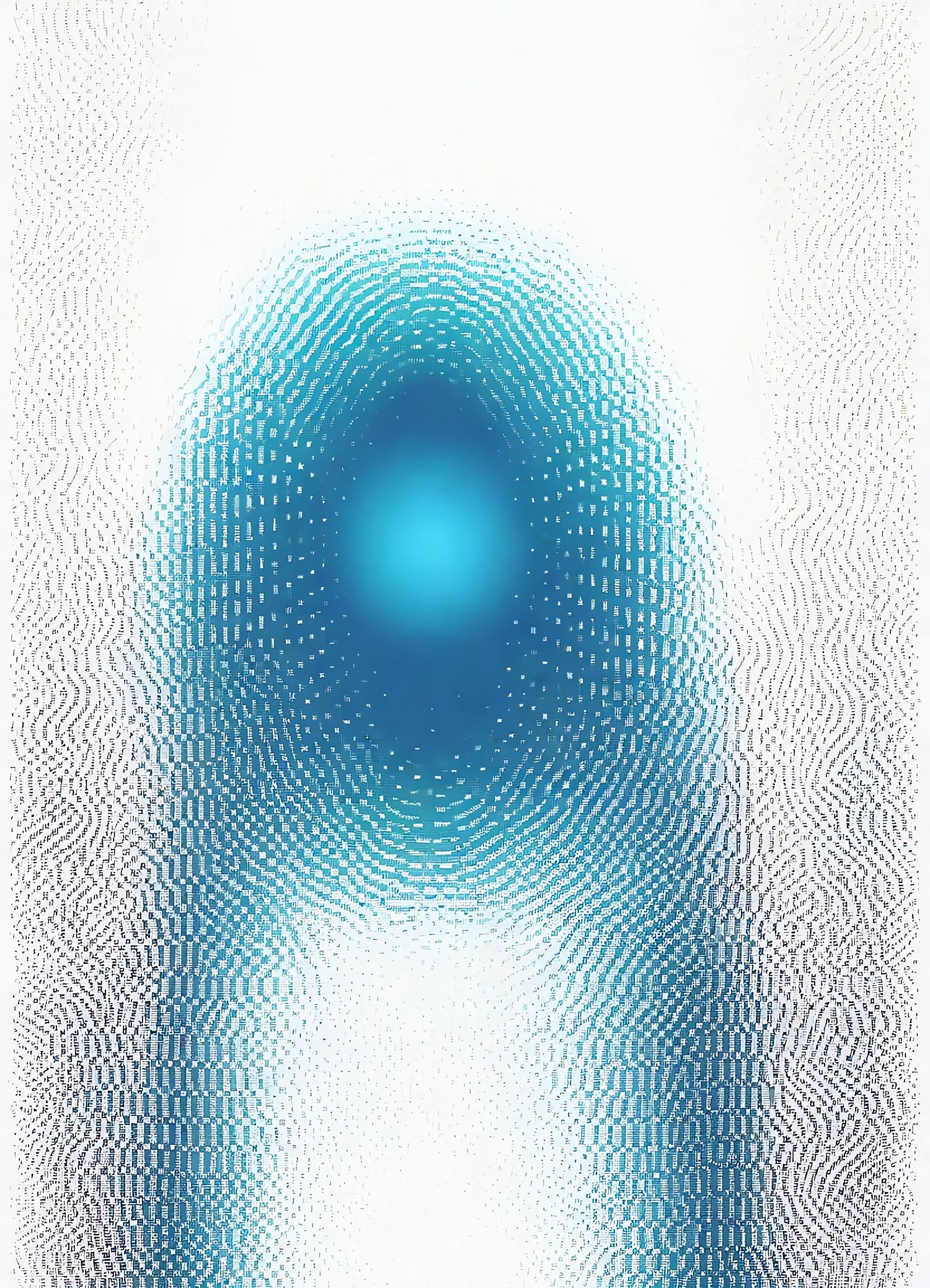 This artwork showcases a central blue circular pattern framed by gentle gradients of white and aqua